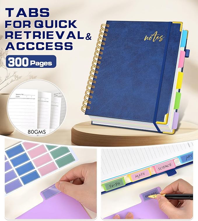 Hardcover Spiral Notebook Journal 8.5" x 11" Leather 5 Subject Notebook with Removable Dividers Tabs, 300 Pages Organizer Notebooks for Work School, College Ruled, Large Lined Journal for Women,Navy