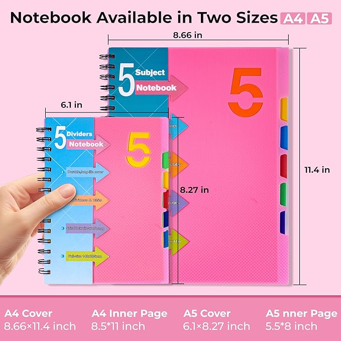 CAGIE 5 Subject Notebook, Small Spiral Notebook with Tabs, 6'' x 8'' | Removable Dividers, 180° lay-flat, Portable, College Ruled, 240 Pages Note book, for School Work, Pink