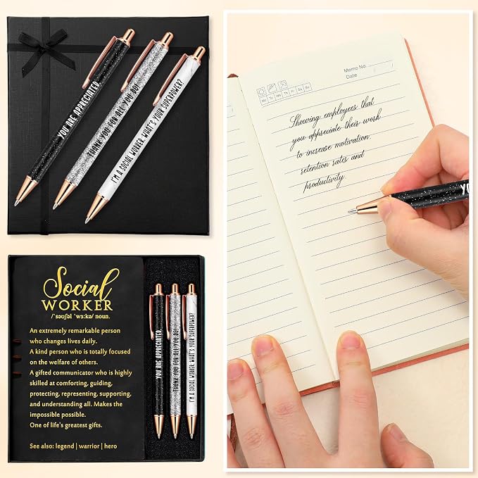 Resurhang 5 Pcs School Social Worker Must Haves Office Supplies Gift Leather Journal Notebook 3 Ballpoint Pens with Box Thank You Social Work Appreciation Gift for BSW MSW DSW(Black)
