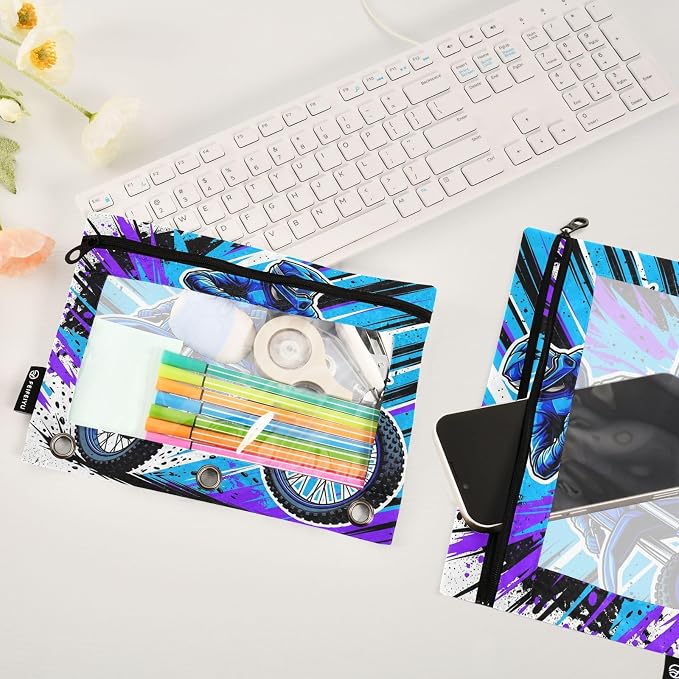 Gredecor 3 Ring Binder Pencil Pouch, Motocross Rider Dirt Bike Zippered Pen Case Pouches with Clear Window, 2 Pack Stylish Office & School Supplie
