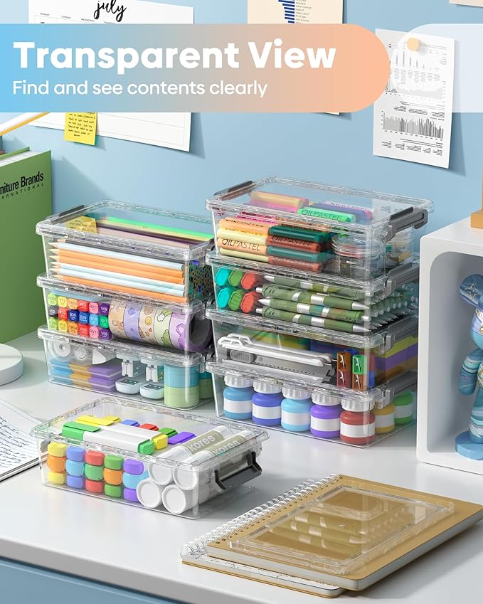 BiuLeon 8 Pack Large Pencil Box Set, Plastic Clear Pencil Case Marker Organizer, Crayon Box Craft Organizers, Stackable Storage Containers with Lid for Pen, Art and Craft Supplies(Grey)