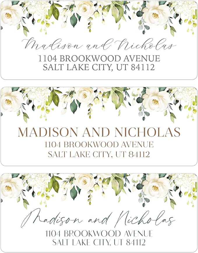 Return Address Labels Personalized with Your Choice of 30 Flower Styles - Choose Font and Font Color or Add Custom Text - Perfect for Wedding Envelopes (010 White Flowers)
