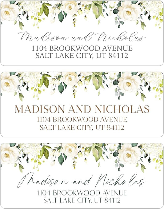 Return Address Labels Personalized with Your Choice of 30 Flower Styles - Choose Font and Font Color or Add Custom Text - Perfect for Wedding Envelopes (010 White Flowers)