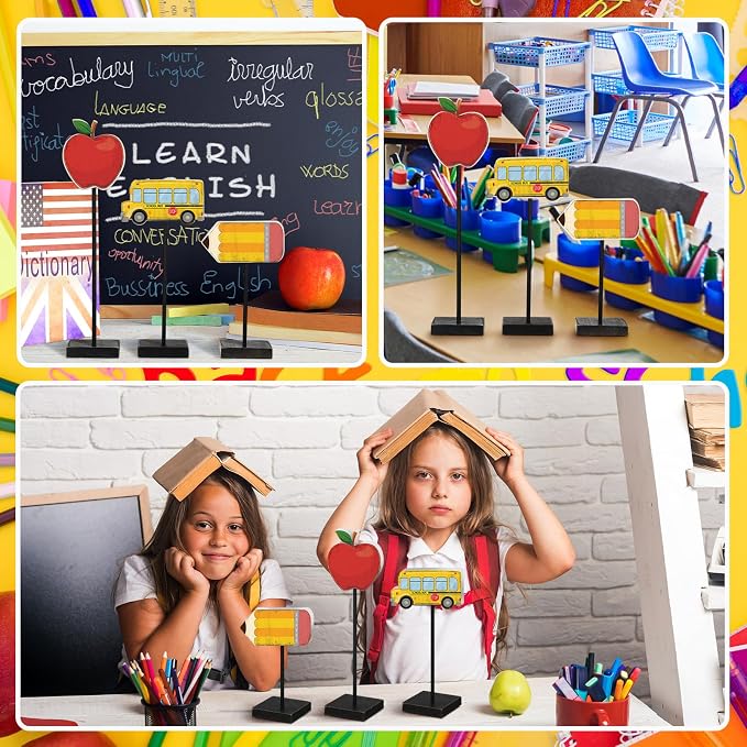 3 Pcs Back to School Table Decorations Wooden Pencil Apple Bus Sign Back to School Tabletop Centerpieces Farmhouse Wood Gifts Desktop Decor for The First Day Home Tiered Tray