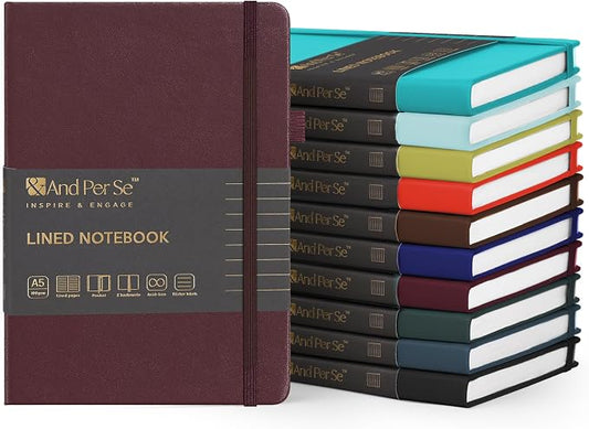 &And Per Se 10-Pack Lined Notebooks, A5 Hardcover, 160 Pages 100gsm Thick Paper, Office Supply Bulk Order, Corporate New Hire Kits, Breakroom Essentials – College Ruled, 10 Units (Solid Colors)