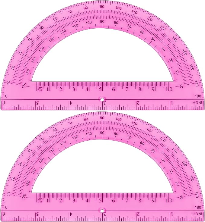 Unjoo Plastic Protractor 6 Inch Math Protractors 180 Degrees, 2 Pack (Pink) | Transparent Protractor for Geometry Classroom Student School, Office Supplies