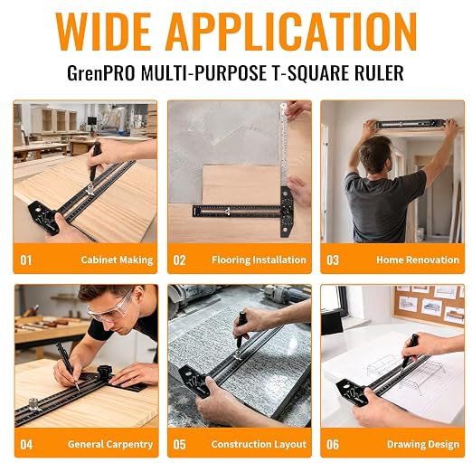 GRENPRO Combination Speed T-Square Ruler Angle Finder Woodworking Tools | Carpenter Pencil, 12" Metal Ruler, High Precision, Angle Adjustable, Dual Scales (in/cm), Aluminum Alloy, All-in-One Tool