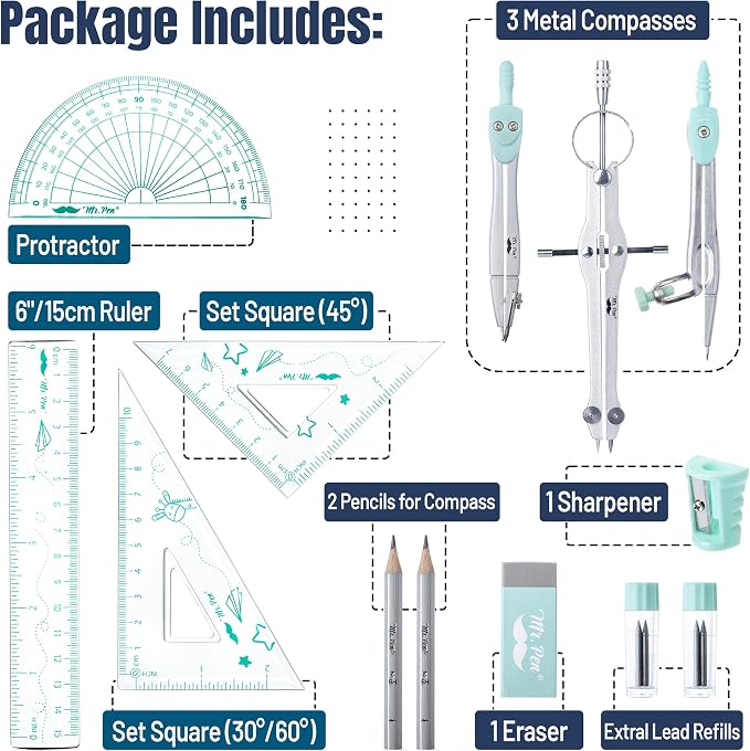 Mr. Pen- Geometry Set, 13 pcs, 3 Metal Compasses, Protractor, 6" Ruler | 45° & 30°/60° Set Squares, Pencils, Lead Refills, Sharpener & Eraser for Math, Drafting & Classroom Use | 45° & 30°/60° Set Squares, Pencils, Lead Refills, Sharpener & Eraser for ...