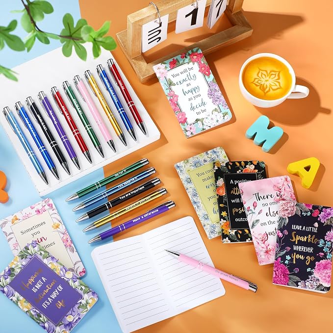 Funrous 32 Pcs Motivational Quote Pens Inspirational Notepads Mini Journal with Ballpoint Pen Small Notebooks Gift Set for Men Women Coworkers, Adult Party Favors Christmas Prizes Gift(Motivational)