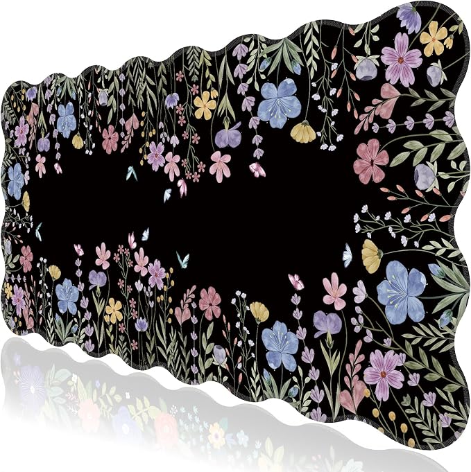 L-SPOUTTO Floral Mouse Pad,Botanical Desk Mat XXL Large Scalloped Black Gaming Mousepad,35.4x15.7in Non-Slip Rubber Base Keyboard Pad Waterproof Desktop Mat for Laptop Computer Game Home Office-Flower
