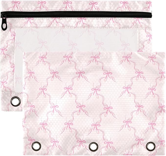 Wamika Bowknot Pink Binder Pouches 3 Ring for Boys Girls School Office College Supplies Cute Bow Ribbon Tie Pencil Pouches Case Bag with Clear Window and Zipper 2 pack