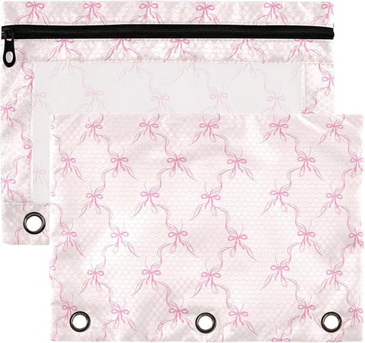Wamika Bowknot Pink Binder Pouches 3 Ring for Boys Girls School Office College Supplies Cute Bow Ribbon Tie Pencil Pouches Case Bag with Clear Window and Zipper 2 pack