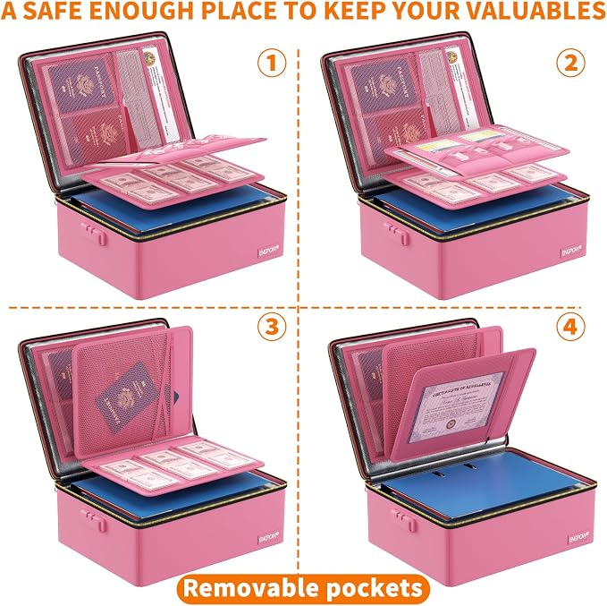 ENGPOW Fireproof Document Box with Lock & Heat-Resistant Fireproof Zipper | 6400°F 12-Layer Fire Protection, Hard File Organizer with Pockets, Portable Home Chest Safe Storage for Money,Jewelry, Pink