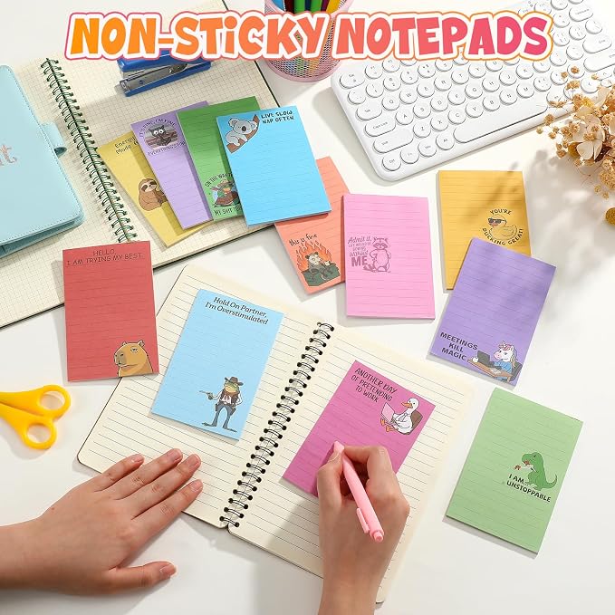 12 Pack Funny Notepads, 5x3 Inches Sarcastic Note Pads Memo Fun Office Gifts for Coworkers Work Women Men Employee Teacher Boss Desk Accessories Gifts(Animal,Multicolor)