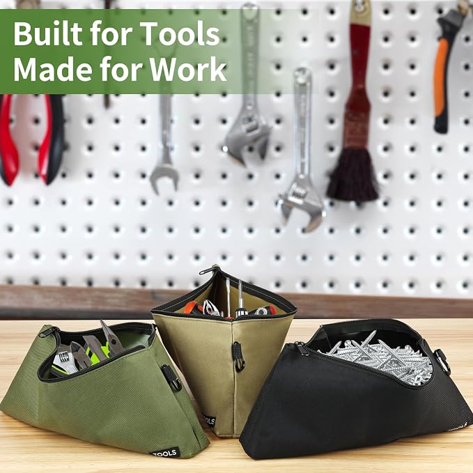 3 Pack Premium Tool Pouches Zipper Bag, Small Tools Bags with Carabiner, Heavy Duty Flat Bottom Utility Multipurpose Storage Organizer Bag for Tool, Stationary, Pencil
