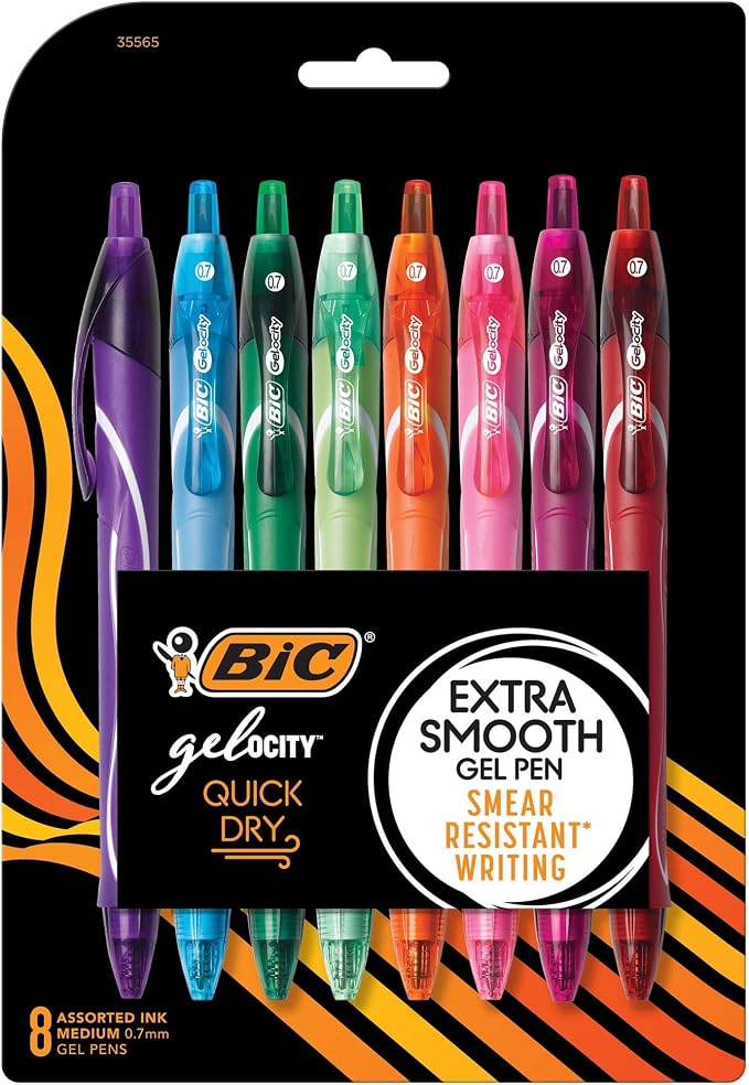 BIC Gelocity Quick Dry Assorted Colors Gel Pens, Medium Point (0.7 mm), School Supplies for Color-Coding Notes, with Full Grip, 8-Count Pack in Assorted Colors