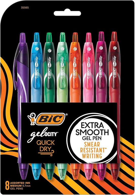 BIC Gelocity Quick Dry Assorted Colors Gel Pens, Medium Point (0.7 mm), School Supplies for Color-Coding Notes, with Full Grip, 8-Count Pack in Assorted Colors