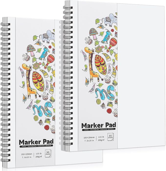 2 Pack Marker Paper Pad, 7.6×10in Double Sided Bleedproof Sketch Pad, 135lb/200gsm Art Spiral Sketchbook, Smooth Painting Coloring Alcohol Marker Paper for DIY, Ideal Gifts