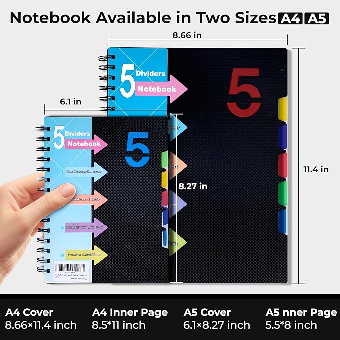 CAGIE 5 Subject Notebook, Small Spiral Notebook with Tabs | 6.1'' x 8.2'', A5 Spiral Notebooks College Ruled for Women, 240 Pages Note book for School Note Taking, Black