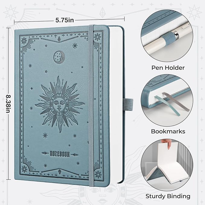 EMSHOI Dotted Journal Notebook, 320 Pages, A5 Size (5.7'' x 8.3'') | Leather Hardcover, 100 GSM Thick Paper, for Journaling, Planning, Tracking & Sketching, Sun Debossed (Grayblue)