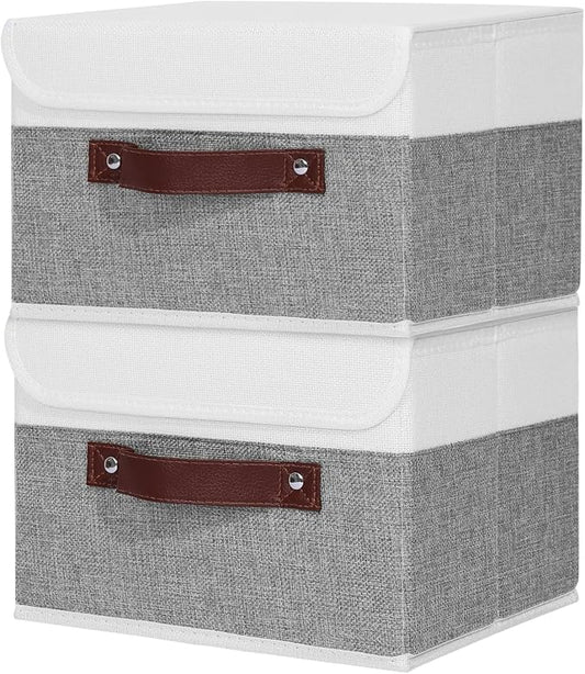 ANMINY 2PCS Storage Boxes with Lids Washable Decorative Storage Bins Basket with PU Leather Handle Foldable Linen Fabric Storage Cubes Containers for Home Closet Organizer - Gray White, Medium