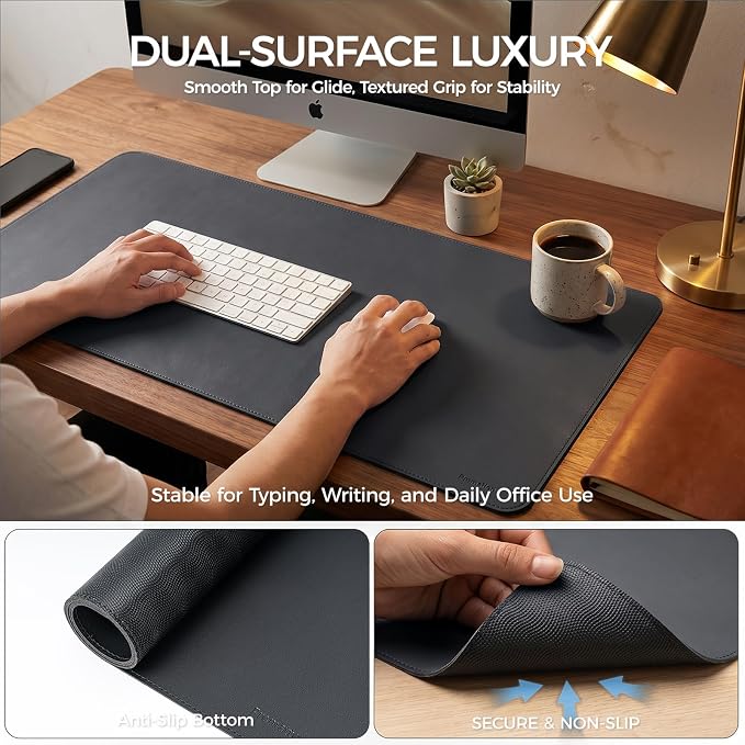 Large Desk Pad Non-Slip Desk Mat Protector for Keyboard Mouse Waterproof Vegan Leather Surface Faux Leather Laptop Mat Smooth Mouse Pad Premium Gift Tube Obsidian Black 55" x 23"