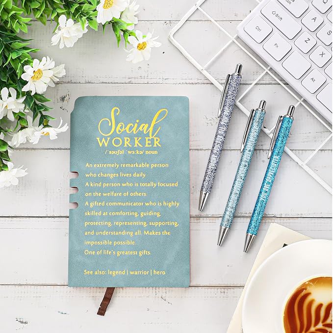 Resurhang 5 Pcs School Social Worker Must Haves Office Supplies Gift Leather Journal Notebook 3 Ballpoint Pens with Box Thank You Social Work Appreciation Gift for Bsw Msw Dsw(Blue)
