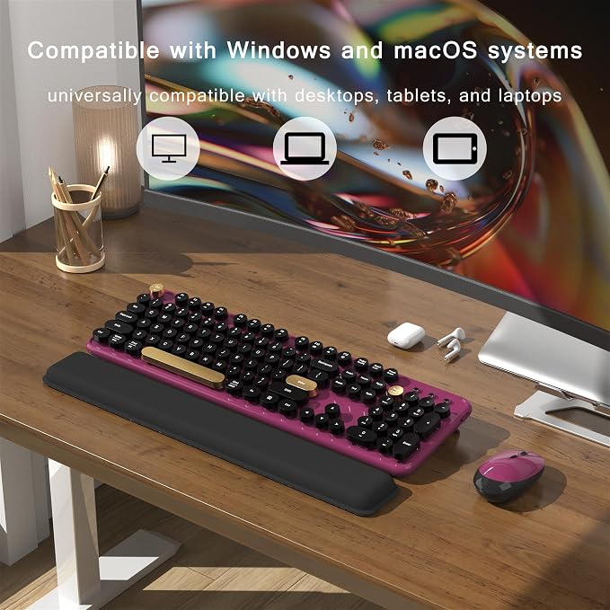 Colorful MPTOG Wireless Computer Keyboard and Mouse Combo (Black-Claret) | Retro Round Typewriter Keycaps, Power Switch, Ergonomic Design, 2.4GHz Wireless for Windows, Mac, PC