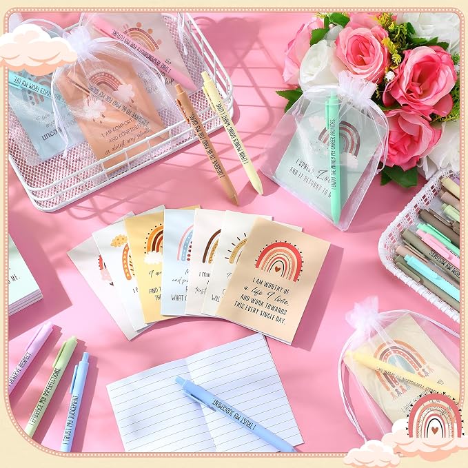 Mooliwe 48 Pcs Positive Affirmation Gift Set Gratitude Notebooks with Pens Small Bags Motivational Encouragement Notepads Daily Affirmations Journal for Women Stress Relief Self Care (Cute)