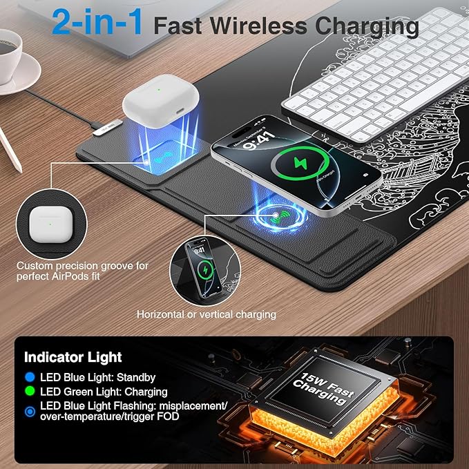 Wireless Charging Mouse Pad with Foldable Phone Holder, Black Wave | 31.5"x15.8" Large Desk Mat for Laptop/Keyboard, Waterproof Ultra-Smooth Surface, Non-Slip Base