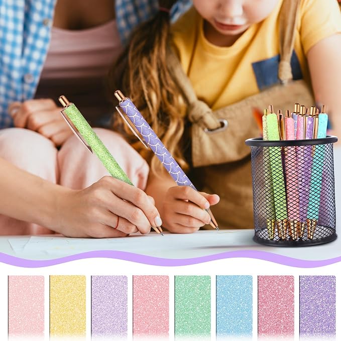 Sayglossy 16 Pack Glitter Pens and Notepads Set 8 Mini Glitter Pocket Notebooks 8 Fancy Sparkly Ballpoint Pens Stationery Gifts for Women Teacher Journaling School Office Supplies (Pastel Color)