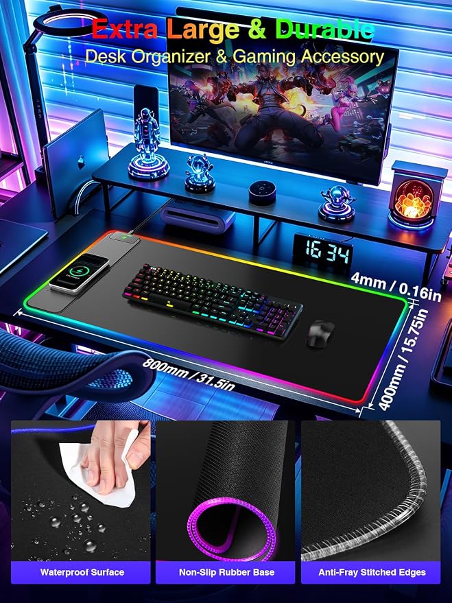 Wireless Charging Mouse Pad Gaming, 31.5"x15.8" Large Desk Mat, Waterproof | RGB Mousepad, Smooth Glide, Stitched Edge, Non-Slip Rubber Base, Desk Pad Computer Keyboard Mat, No Adapter