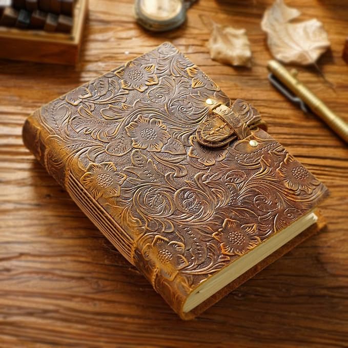 Acidea Leather Journal Notebook, 200 Sheets(400Pages) Kraft Paper Embossed Sketchbook, Genuine Leather Handmade Bound Travel Writing Journal Dairy, Gift for Men, Women (Vintage Brown, 7.5"x 5.5")