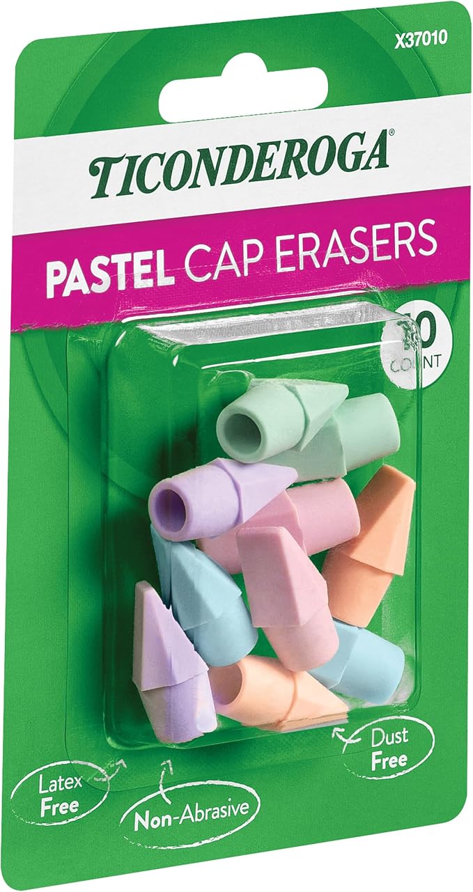Ticonderoga Pencil Cap Erasers, Assorted Pastel Colors, 10 Count