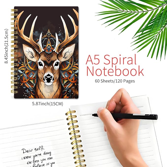 KZYVFNPQ Spiral Journal Notebook for Women Men, A5 Cute Hardcover Lined Notebook with Strong Binding,College Ruled Notebook for Office Work Writing(Deer Tribal)