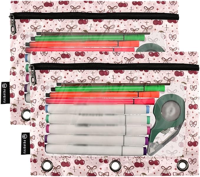 Pink Bow Cherry Polka Dots Pencil Pouch for 3 Ring Binder 2 Pack Zipper Binder Pencil Bag Case with Clear Window Office Supplies