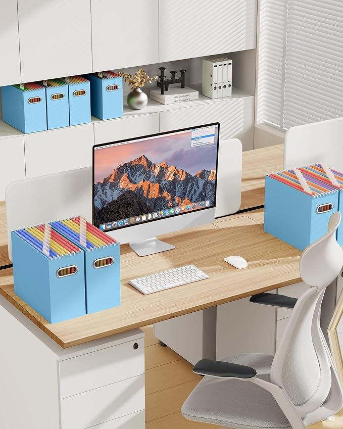 Oterri File Organizer Box, Portable Collapsible Cardboard File Folder Organizer with Handle for Letter Size Hanging Files, Document Storage Box for Home Office & Classroom (6 Packs, Blue)