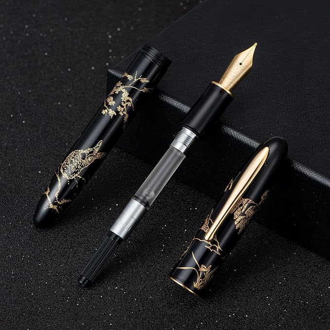 HONG DIAN Hongdian N23 Black Rabbit Fountain Pen, Long Blade Medium Nib Gold Trim, New Year Lucky Rabbit Carving Design, Smooth Writing Pen with Converter and Metal Pen Box Set
