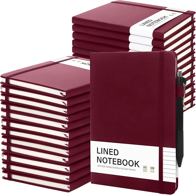Aodaer 30 Set Lined Notebook Journals with Pens A5 Notebooks 100 GSM College Ruled Hardcover Notebook PU Leather Notepad with Pen Holder for Office School, 5.7 x 8.3 Inches, Burgundy