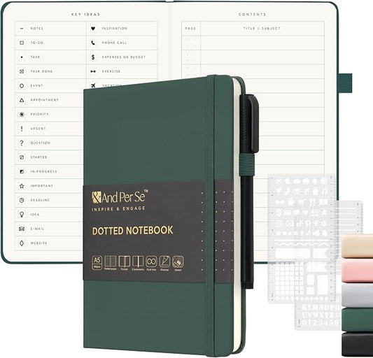 &And Per Se Dotted Notebook, A5 Hardcover with Journal Dotted Pages, Journal Stencils & Pen, 176 Numbered Pages for Beginners Women Men (Green)