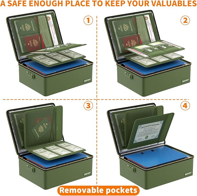 ENGPOW Fireproof Document Box with Lock & Heat-Resistant Fireproof Zipper | 6400°F 12-Layer Fire Protection, Hard File Organizer with Pockets, Portable Home Chest Safe Storage for Money,Jewelry, Green