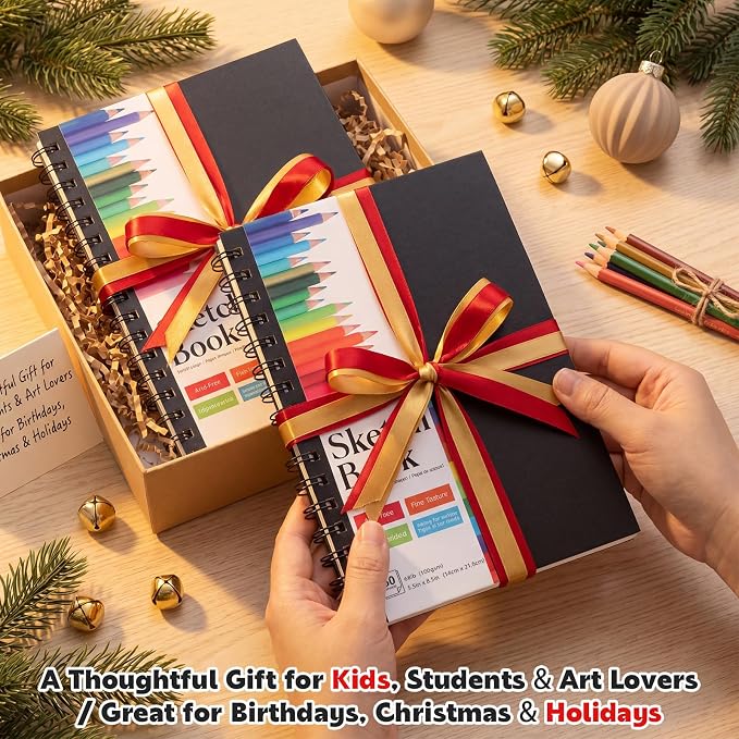 5.5" x 8.5" Small Sketch Book, 2 Pack Mini Sketchbook Drawing Pad, 68lb/100gsm Spiral Bound Sketch Book for Kids Students Beginner Artists Drawing Painting Sketching