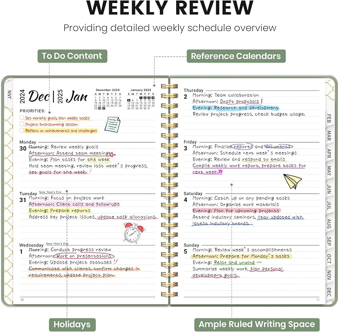 2025 Planner Weekly and Monthly, Jan 2025 to Dec 2025, Hardcover 2025 Calendar Planner Book with Tabs & Inner Pocket, Office Home School Supplies for Women & Men - A5 (6.3" x 8.5"), Spiral Bound, Green