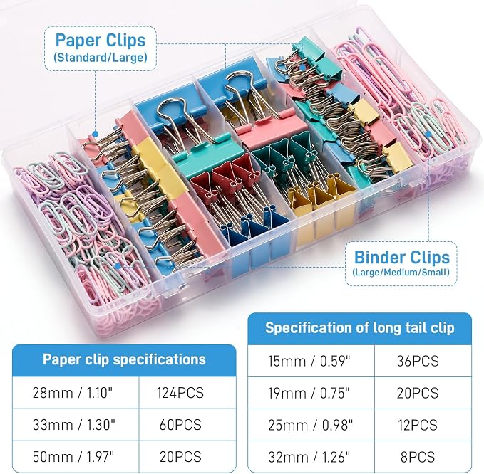 280 PCS Colored Binder Clips & Paper Clips Assorted Sizes, Paperclips Large Medium Small, 2-in-1 Combo Set with Storage Case, Office Supplies for Home, School, Business Organization