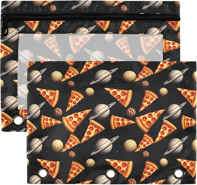 Pizza Mushroom Binder Pouches 3 Ring for Boys Girls School Office College Supplies Cute Doodle Pattern Black Pencil Pouches Case Bag with Clear Window and Zipper 2 Pack