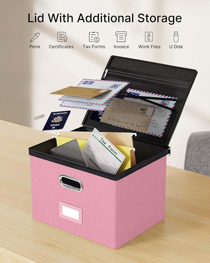 Oterri File Box Large 1-Pack Hanging Organizer for Letter/Legal-Size Folder | Dustproof Lid. 3 Mesh Pockets. Collapsible Scratch-Resistant GRS Linen. Slide Rails. Office, Home, Dorm