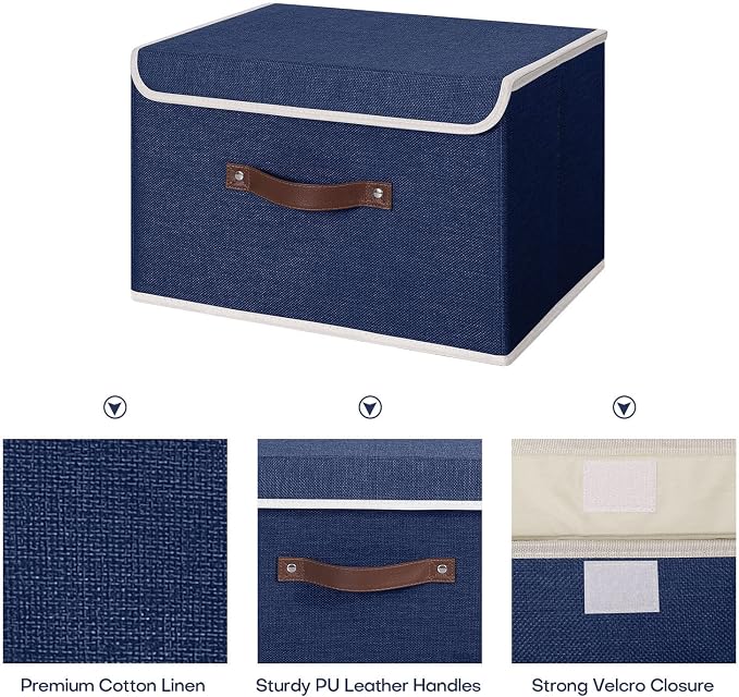 ANMINY 4PCS Storage Bin with Lid Storage Boxes with PU Leather Handles PP Plastic Board Decorative Foldable Lidded Cotton Linen Fabric Home Cubes Baskets Closet Organizer Container - Blue, Medium