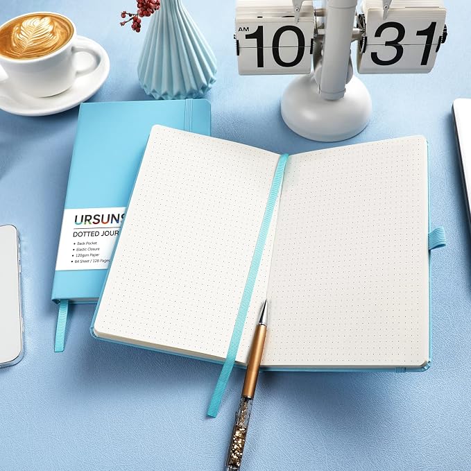 Dotted Journal/Notebook - Dot Grid Hard Cover Notebook, Premium Thick Paper with Fine Inner Pocket, Black Smooth Faux Leather, Pen Loop, 5.3'' x 8.26'' - Light Blue