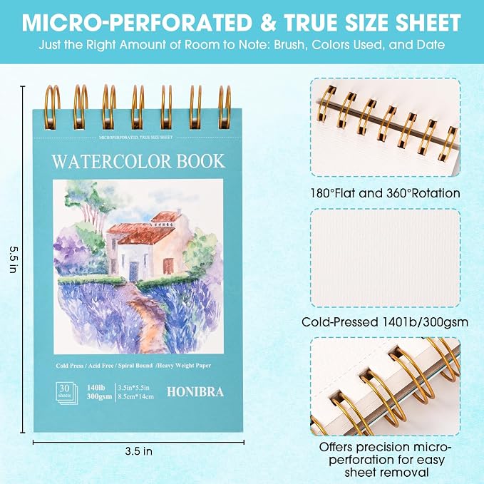 Watercolor Paper Pad 3.5"×5.5", Small Watercolor Sketchbook 140lb/300g, 30 Sheets Spiral Bound Art Journal for Drawing & Painting Gifts for for Artists