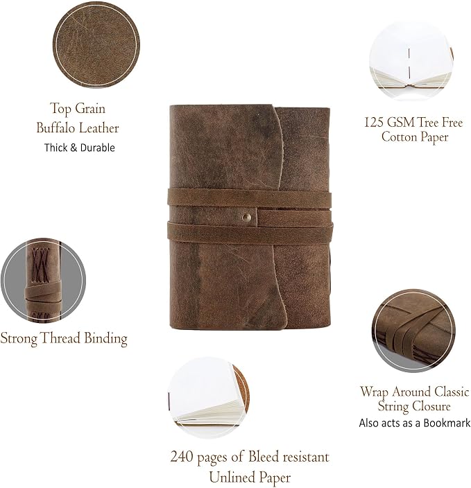 KomalC Handmade Leather Journal | Writing Diary | Bound Daily Notepad For Men & Women Unlined Paper Medium, writing pad gift for artist, sketch
